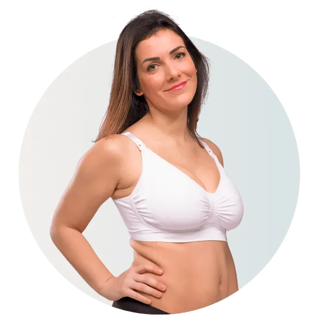 Soutien de maternidade e amamentação Carriwell Gel-Support Nursing Bra Soutien branco com alças ajustáveis usado por mulher