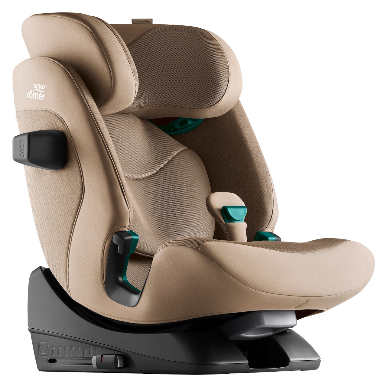 Cadeira auto Britax Römer Safefix car seat (FF:100/150cm) cadeira auto infantil bege Britax Römer com base preta e detalhes verdes