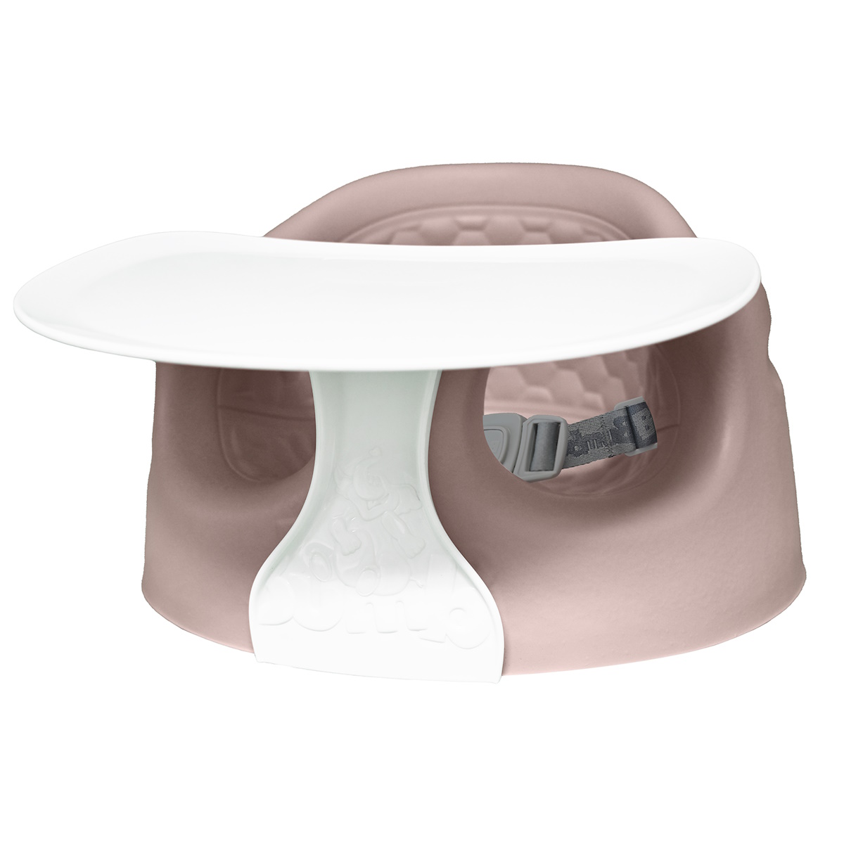 Assento de chão com bandeja Bumbo Floor Seat Max with play tray Cadeira de bebé rosa com bandeja branca e cinto de segurança