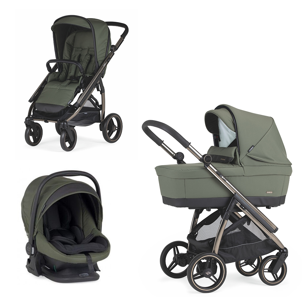 Trio Bebecar Wei XL-i travel system Conjunto de carrinho de bebé, alcofa e cadeira auto verde com estrutura preta e metal prateado
