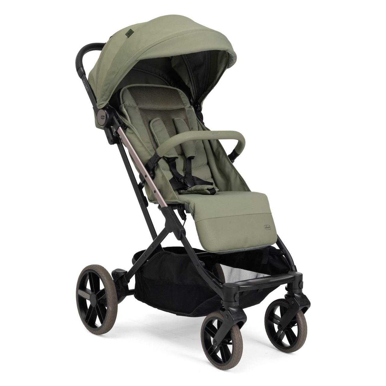 Carrinho bebé Chicco Dolomiti baby stroller Carrinho de bebé verde oliva com rodas pretas e estrutura metalizada sobre fundo branco