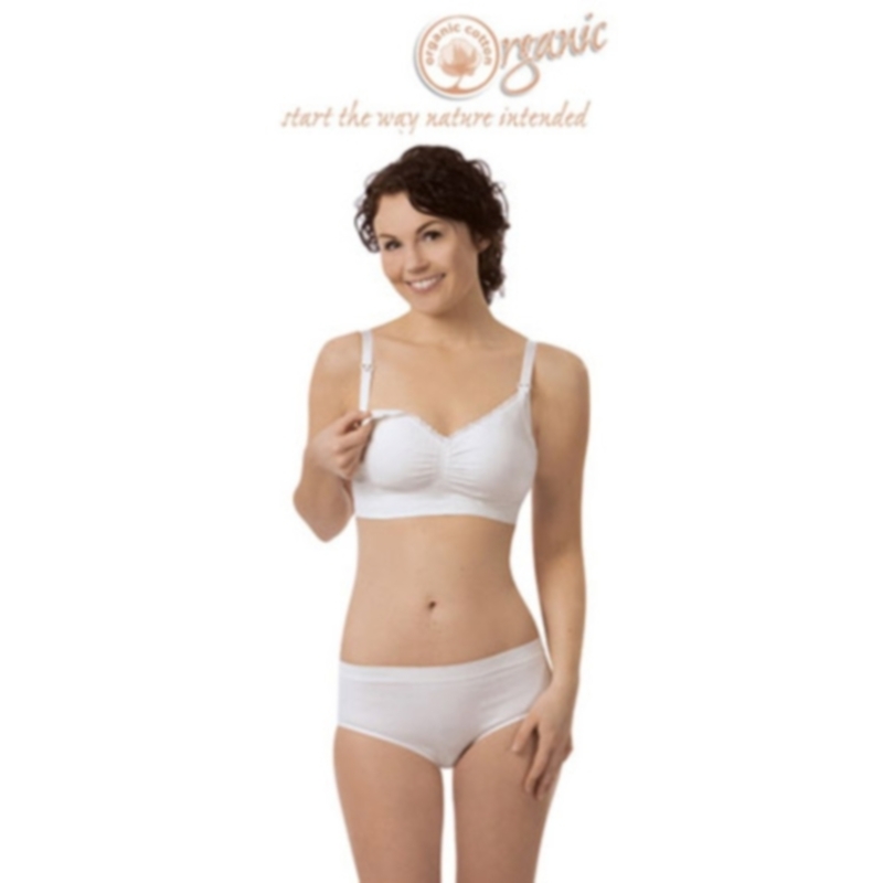 Soutien de aleitamento Carriwell Organic Cotton Nursing Bra Mulher a usar lingerie branca com texto Organic no fundo