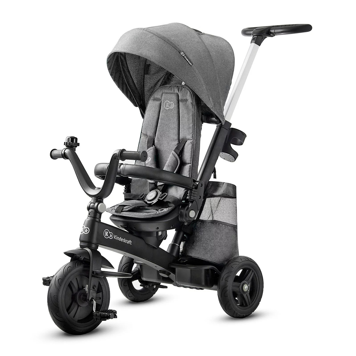 Triciclo Kinderkraft Easytwist tricycle Triciclo infantil preto e cinza com capota e alça para empurrar atrás