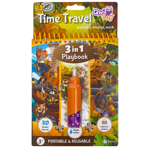 Livro de brincar QwiToy 3in1 Playbook Time Travel Embalagem colorida de livro de atividades infantil com caneta mágica e autocolantes