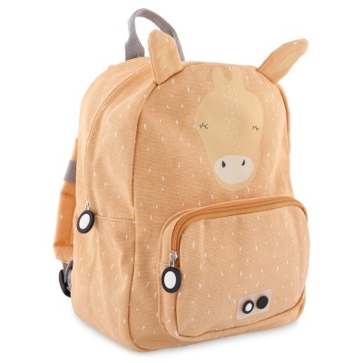 Mochila infantil bege com rosto de cavalo e orelhas