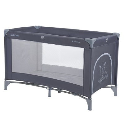 Berço de viagem cinza escuro com laterais em rede e desenho de urso