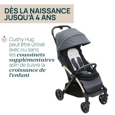 Carrinho de bebé cinzento e preto com texto em francês