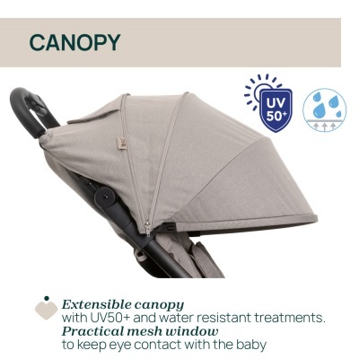 Capota extensível bege para carrinho de bebé com janela em rede