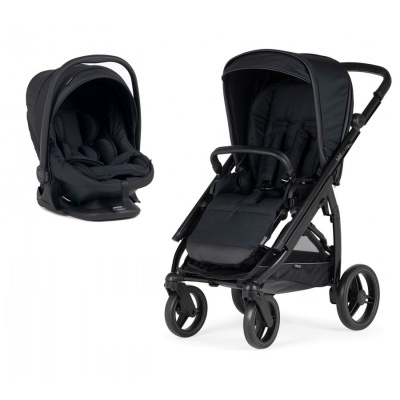 Carrinho de bebé e alcofa preta com estrutura e rodas pretas