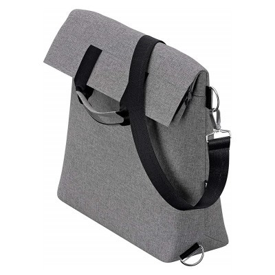 Mala cinzenta de tecido com alça preta ajustável e fecho de aba