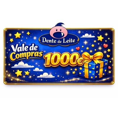 Vale de compras Dente de Leite 1000€ em cartão decorado com estrelas e caixa de presente