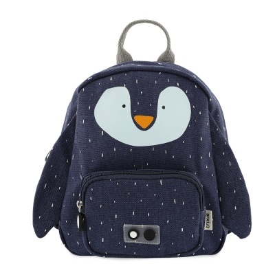 Mochila infantil azul em forma de pinguim com asas e bolso frontal