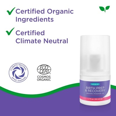 Frasco de óleo de massagem orgânico com certificações visíveis