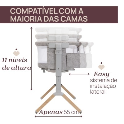 Berço ajustável com pernas em madeira e sistema de instalação lateral
