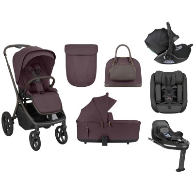 Conjunto de artigos para bebé com carrinho, alcofa, saco e assentos para carro em bordeaux e cinza.