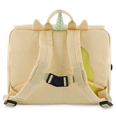 mochila pequena bege com chifre verde e bolso amarelo