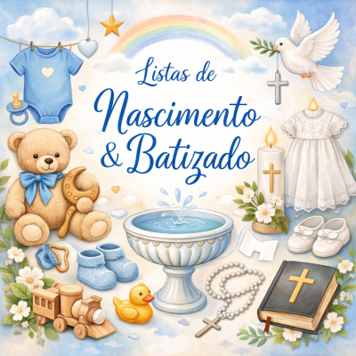 Itens para nascimento e batizado num cenário com nuvens e arco-íris