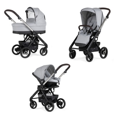 Carrinho de bebé modular cinzento com estrutura preta e punho castanho