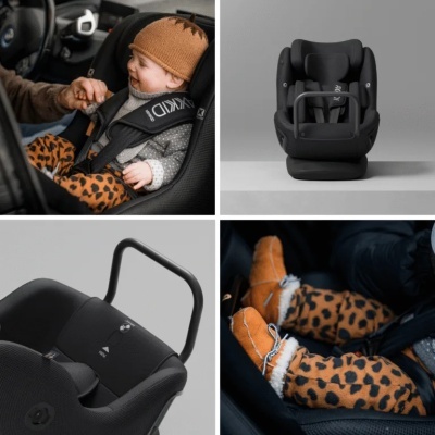 Cadeira-auto-preta-para-bebé-com-arnês-e-bebé-com-calças-animal-print