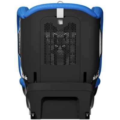 Cadeira auto criança preto e azul com estrutura traseira ventilada e etiquetas laterais