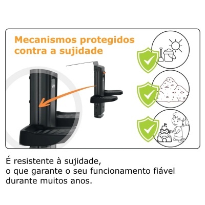 Mecanismo preto protegido contra sujidade com texto em português e símbolos de proteção