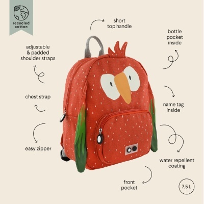 Mochila infantil design pássaro algodão reciclado laranja com alças acolchoadas
