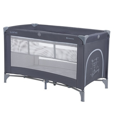 Berço de viagem cinza escuro com rede e desenho urso