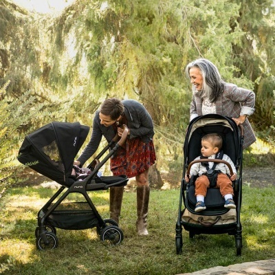 Duas mulheres com carrinhos de bebé em parque
