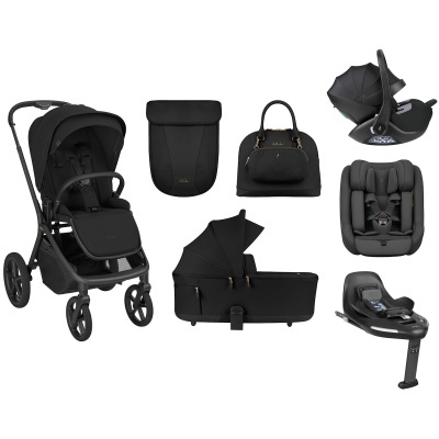 Conjunto preto de produtos para bebé com carrinho, cadeirinha e acessórios