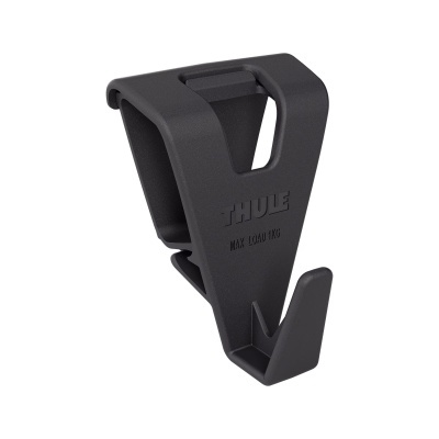 Gancho preto de plástico da marca THULE com inscrição MAX LOAD 1KG