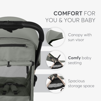 Carrinho de bebé cinzento com toldo, assento e área de armazenamento