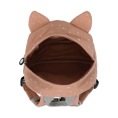 Mochila infantil castanho claro com orelhas e padrão de pontos brancos