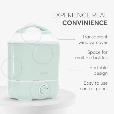 Esterilizador elétrico verde-claro com tampa transparente e painel de controlo