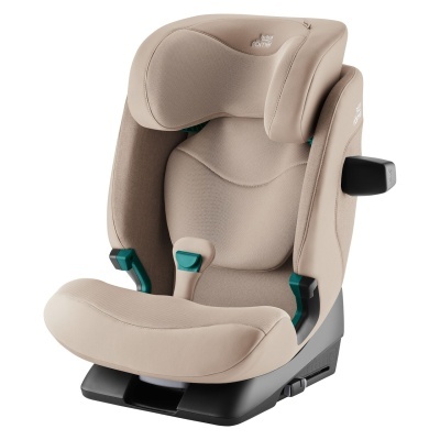 Cadeira auto para criança bege com detalhes em verde-azulado e base preta