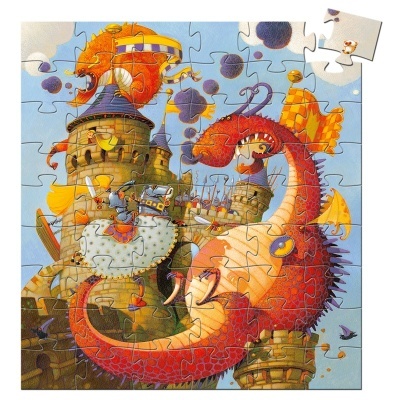 Puzzle com castelo, dois dragões e cavaleiros em cenário de fantasia.
