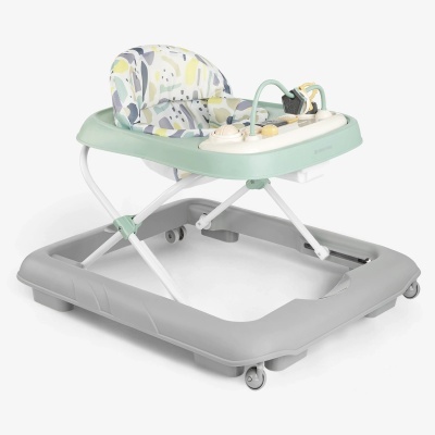 Andador para bebé com assento estampado colorido e estrutura cinza e verde claro