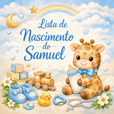 Ilustração infantil com girafa de peluche, brinquedos e texto Lista de Nascimento do Samuel