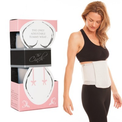 Faixa abdominal ajustável branca para a cintura com embalagem cor-de-rosa e branco.