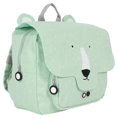 Mochila infantil verde claro com desenho de urso e fechos