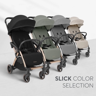 Quatro carrinhos de bebé em quatro cores diferentes com estrutura metálica dourada