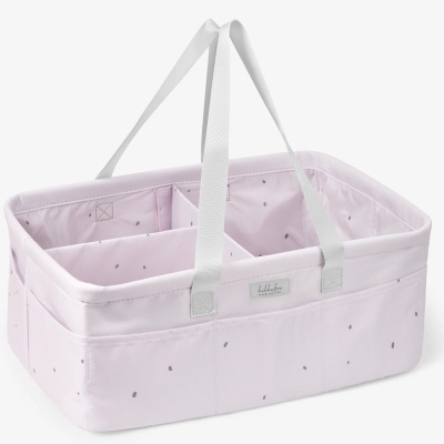 Cesto organizador rosa claro com manchas e alças brancas