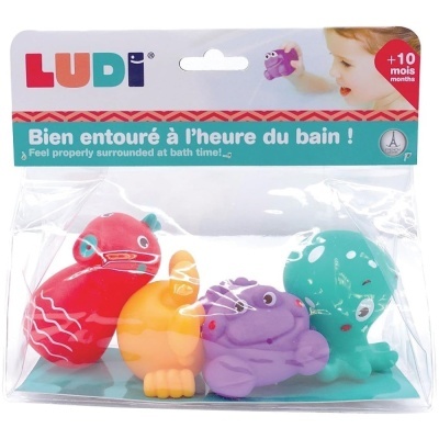 Brinquedos de banho coloridos em saco transparente da marca LUDI
