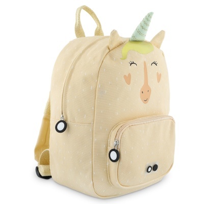 Mochila infantil bege com chifre e orelhas de unicórnio, padrão de pontos brancos