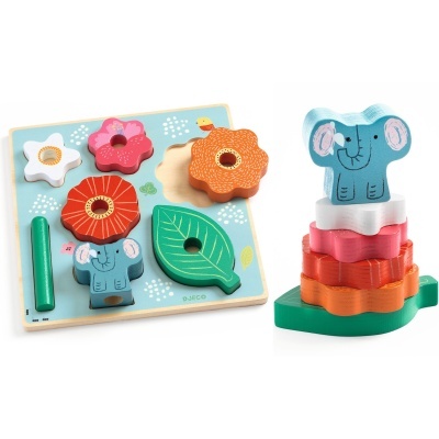 Jogo de encaixe de madeira colorido com flores, folha e elefante