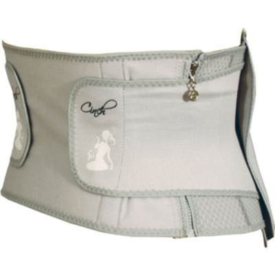 Faixa abdominal cinzenta com fecho e velcro, detalhe de silhueta feminina e logótipo Cuori