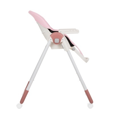 cadeira alta para bebé rosa e branca com estrutura metálica