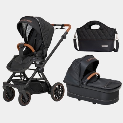Carrinho de bebé preto com assento e carrycot, bolsa preta matelassê AMG.