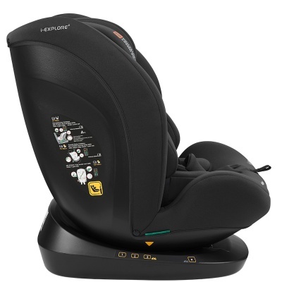 cadeira auto infantil preta i-EXPLORE² com base preta e etiquetas instrutivas