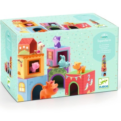 Caixa de jogo de empilhar Topanifarm com animais e casinhas coloridas