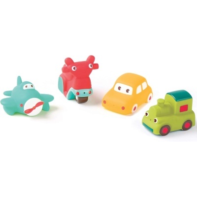 Brinquedos de plástico com formas de avião, animal, carro e comboio